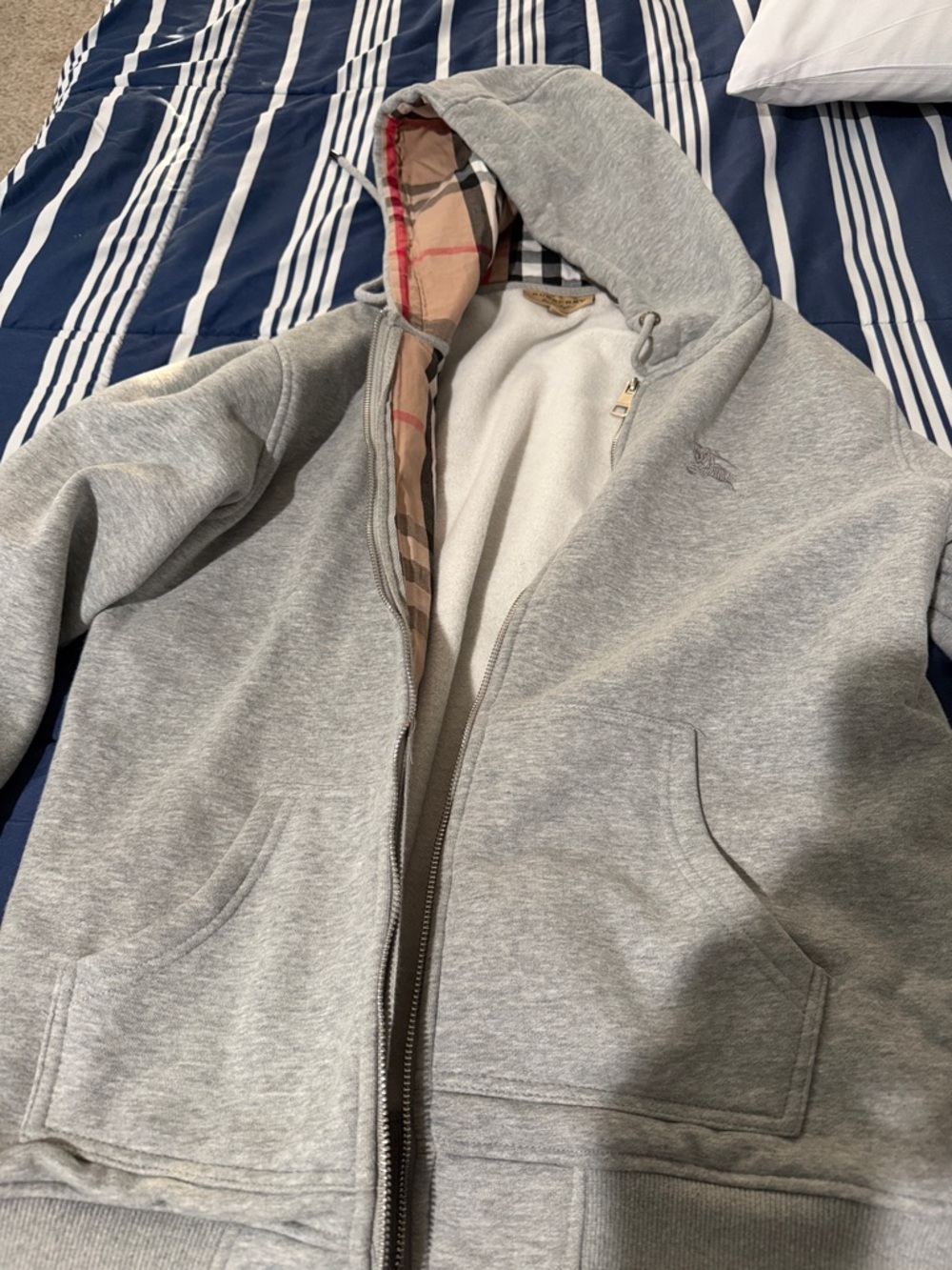 Burberry Light Grey Hooded Zip Sweatshirt with Classic Check Lining